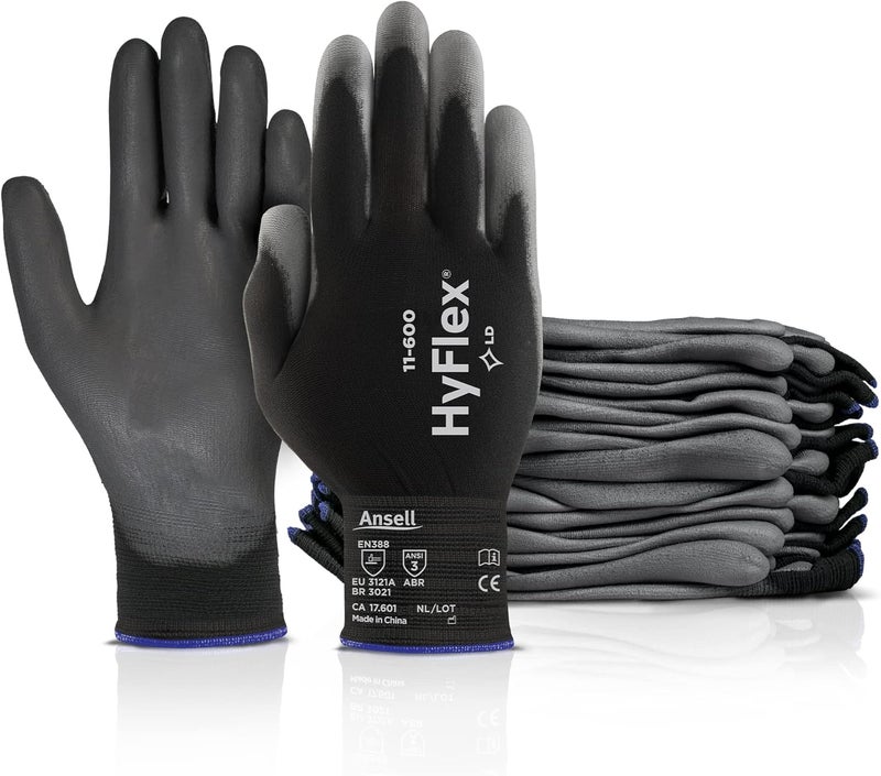 HyFlex Ansell 11-600 Medium Nylon Polyurethane Work Gloves - Pack of 12 Pairs - Image 1